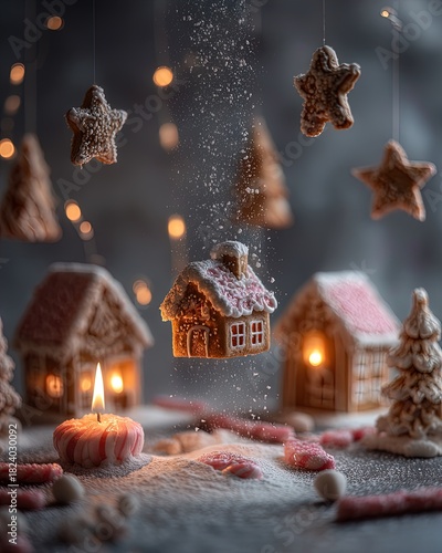 charming christmas kitchen decor: enchanting floating gingerbread houses and festive candy canes for a cozy holiday poster
