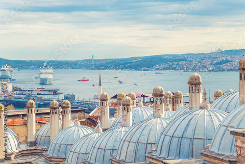 View of the Bosphorus Strait and the Asian side of Istanbul from the Suleymaniye Mosque garden.