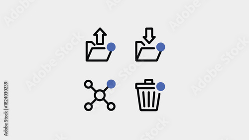 Four icons depicting upload download networking and trash can on a light gray background design element