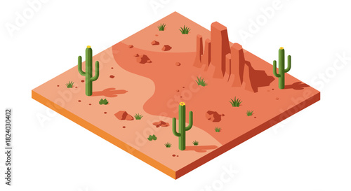 Isometric desert scene with cacti and rock formations