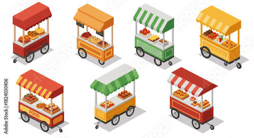 Isometric food carts: colorful mobile stalls with various street snacks
