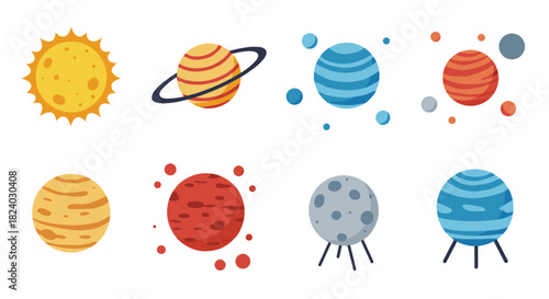 Colorful cartoon planets and sun set in flat style