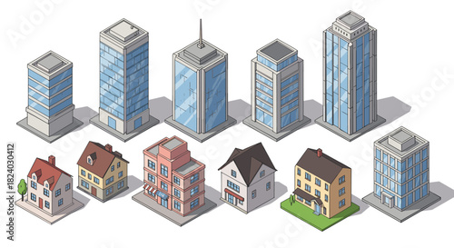 Isometric city buildings and houses set in modern style