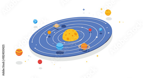 Colorful isometric solar system with orbiting planets on white background