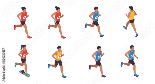 Diverse marathon runners in motion with numbers and athletic gear in isometric style