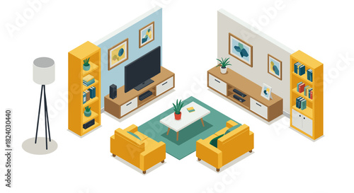 Modern isometric living room design with yellow furniture and decor
