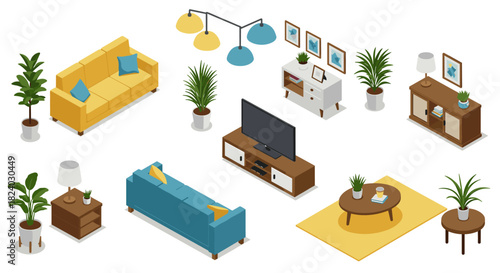 Isometric living room interior with modern furniture and decor elements
