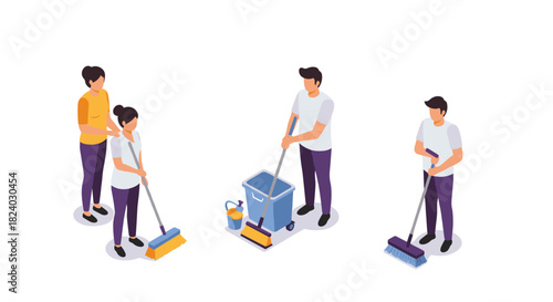 Isometric people cleaning with brooms and mops in modern style