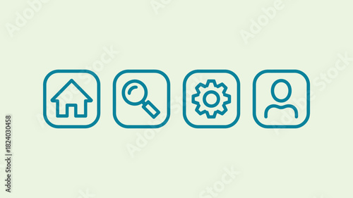 A set of four blue outlined icons depicting a home, search, settings gear, and user profile icon in squares