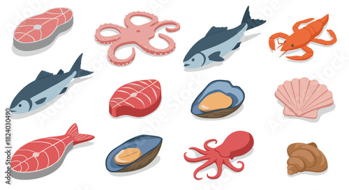Isometric seafood icons featuring fish, shells, and octopus on white background