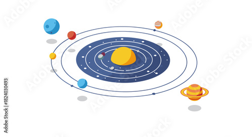 Isometric solar system with orbiting planets and minimalist design