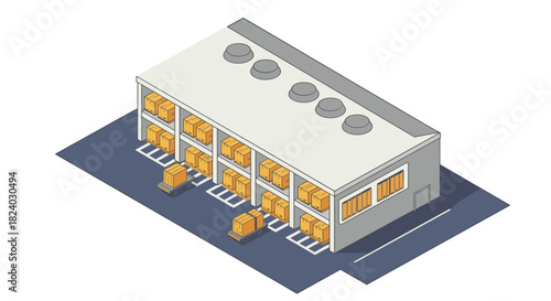 Isometric warehouse building with trucks and loading bay