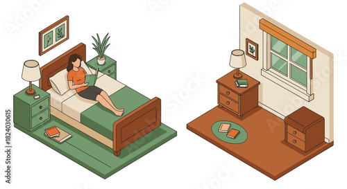 Cozy isometric bedroom interior with relaxing woman reading in bed