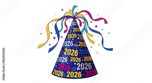 Ring in 2026 with festive party hats, confetti and colorful celebratory ribbons