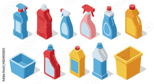 Isometric cleaning product bottles in various shapes and colors on white background
