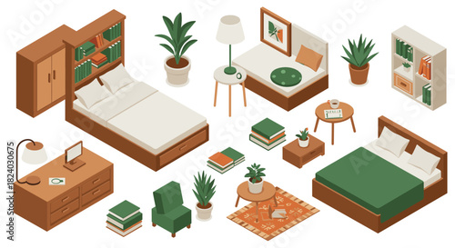 Cozy isometric bedroom set with furniture, plants, and decor elements for interior design