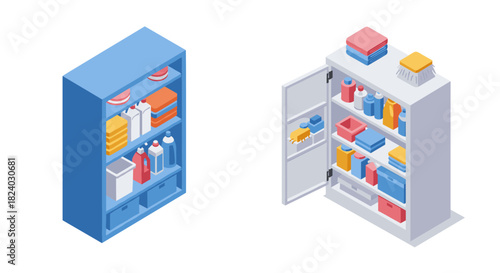 Isometric cleaning supplies on shelves: organized household essentials and tools