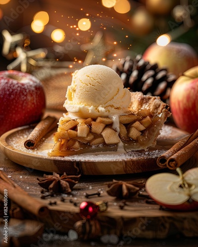 rustic apple pie delight: perfect wall art for cozy spaces - a warm slice with melting ice cream surrounded by cinnamon and sugar, capturing festive golden light in a stunning 4:5 ratio