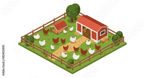 Isometric farmyard with chickens and barn in a fenced pasture setting