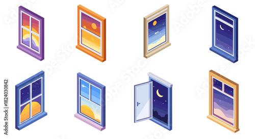 Isometric windows with day and night skies: a stunning collection