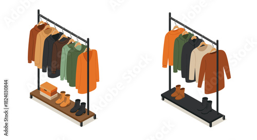 Isometric clothing racks with seasonal wardrobe and footwear in neutral tones