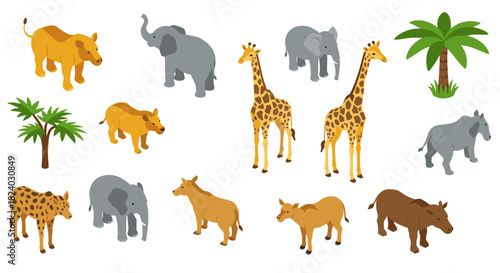 Isometric african wildlife with elephant, giraffe, hyena, and trees