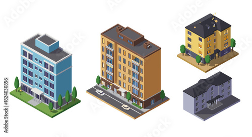 Isometric urban buildings set featuring modern architecture styles