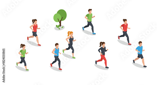 Isometric running people with tree: fitness and outdoor activity concept