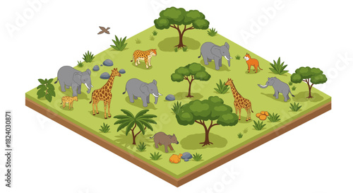 Isometric safari park with diverse wildlife in lush landscape