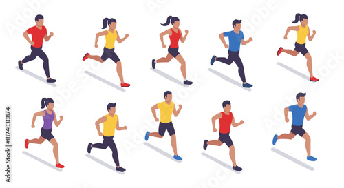 Isometric runners in motion: diverse athletic figures in active poses