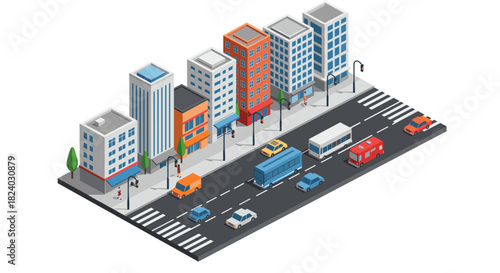 Isometric urban street scene with vehicles and buildings in a modern cityscape