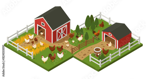 Isometric farm scene with chickens and red barns