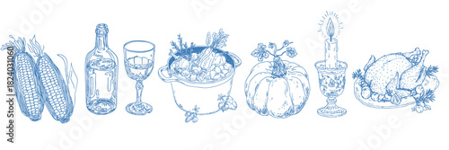 Hand drawn thanksgiving food elements in a vintage doodle illustration set for fall celebration