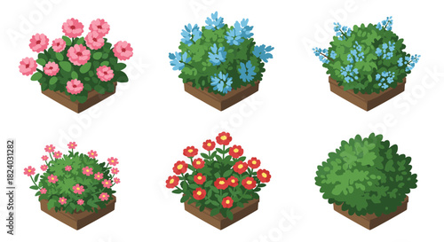 Isometric flower bushes collection: colorful garden plant designs