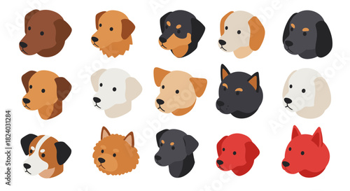 Colorful dog faces set in flat style - variety of breeds and colors
