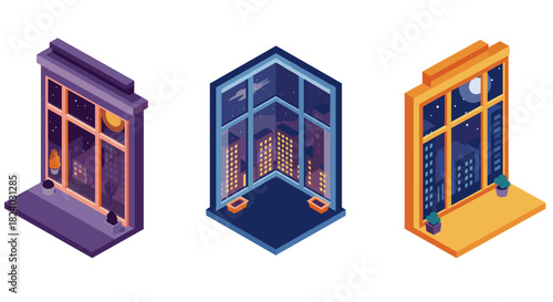 Isometric cityscape windows with day and night views in vibrant colors