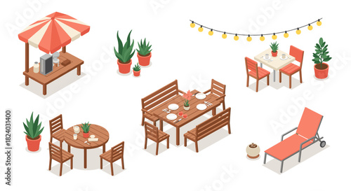 Cozy outdoor cafe setup with isometric garden furniture for relaxing atmosphere
