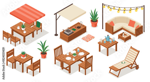 Stylish outdoor patio furniture collection with isometric wood designs and modern lounge setup