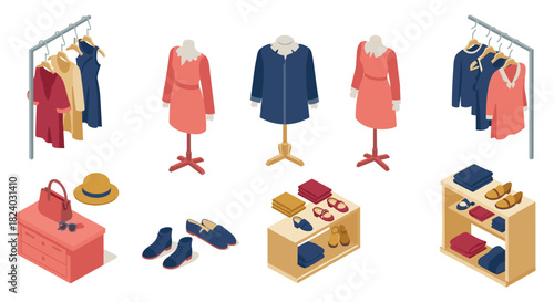Isometric fashion boutique display with clothing racks and mannequins