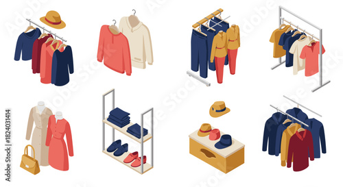 Isometric fashion display with clothing racks and accessories in stylish retail setting