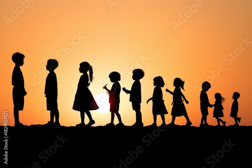 Progression of Childhood: Silhouettes of Growing Children at Sunset