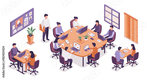 Isometric office scene with diverse people working at desks and collaborative spaces