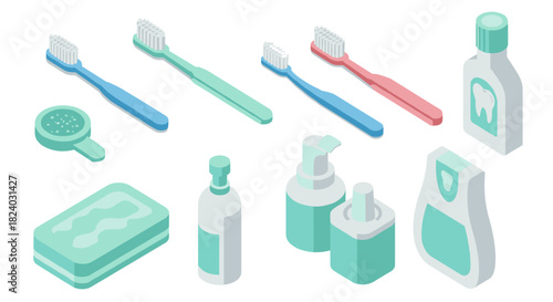 Isometric dental care set: toothbrushes, toothpaste, mouthwash, and gum care essentials