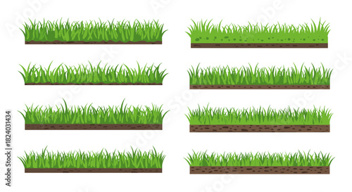 Realistic grass set featuring lush green blades and soil layers