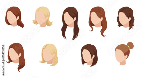 Collection of flat style female hairstyles on white background