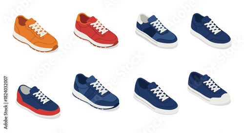 Modern isometric sneakers collection in various colors and angles