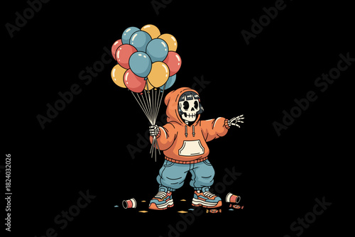 Skeleton character holding a bunch of colorful balloons.