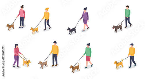 Isometric illustration of diverse people walking dogs in various outfits and styles