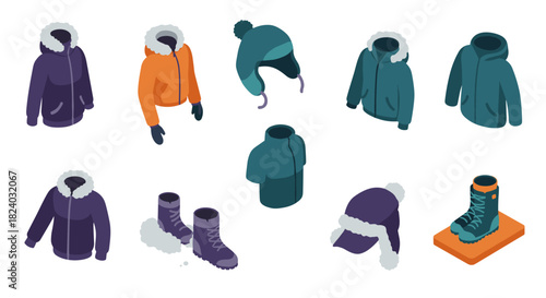 Winter clothing collection with isometric jackets, boots, and hats for cold weather trends