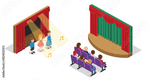 Isometric theater scene with child performers and audience